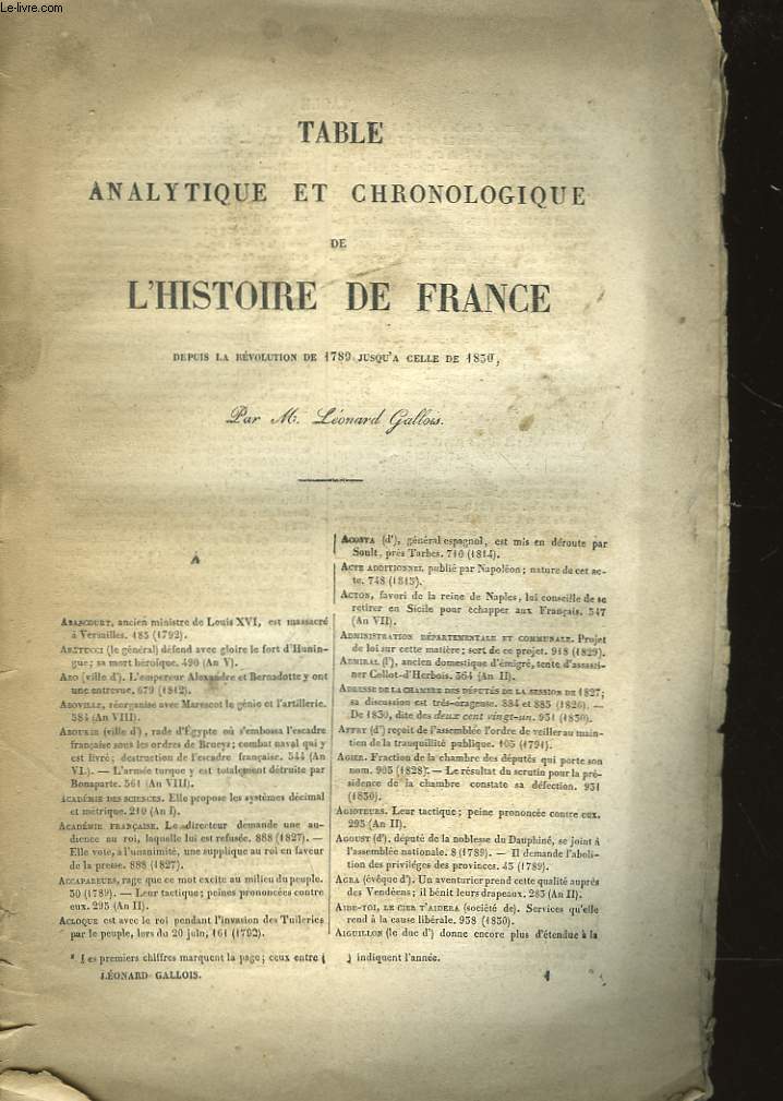 TABLE ANALYTIQUE ET CHRONOLOGIQUE DE L'HISTOIRE DE FRANCE DEPUIS LA REVOLUTION DE 1789 JUSQU'A CELLE DE 1850