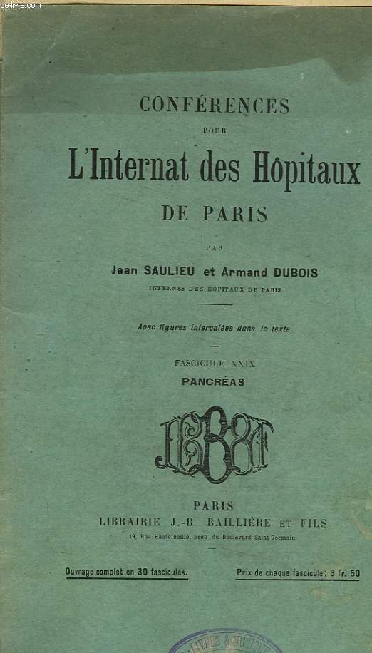 CONFERENCES POUR L'INTERNAT DES HOPITAUX DE PARIS - FASCICULE 29