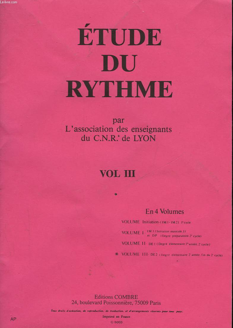 ETUDE DU RYTHME- VOL III - DE 2 (DEGRE ELEMENTAIRE 2 ANNEE FIN DU 2 CYCLE)