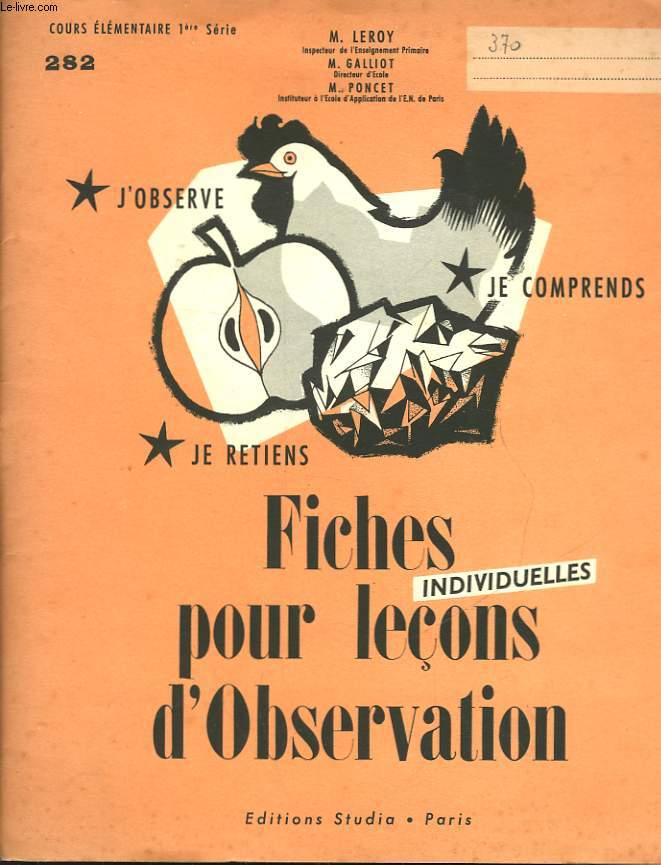 FICHES POUR LECONS D'OBSERVATION - COURS ELEMENTAIRE 1 SERIE 282