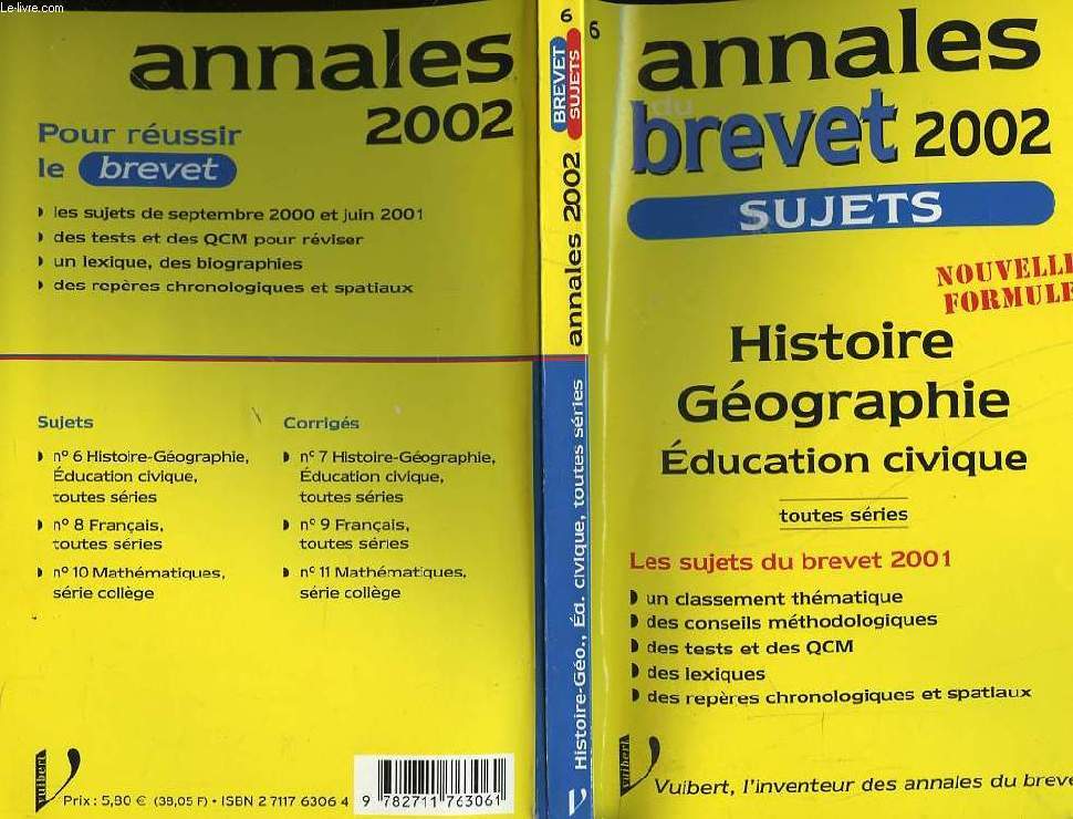 ANNALES DU BREVET 2002 - SUJETS SEULS - HISTOIRE GEOGRAPHIE - EDUCATION CIVIQUE - TOUTES SERIES