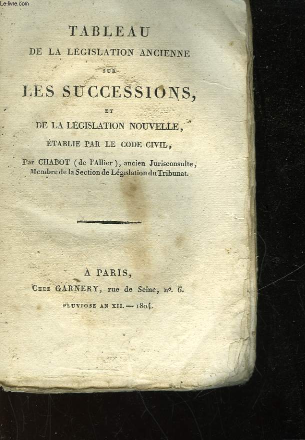 TABLEAU DE LA LEGISLATION ANCIENNE SUR LES SUCCESSIONS ET DE LA LEGISLATION NOUVELLE ETABLIE PAR LE CODE CIVIL