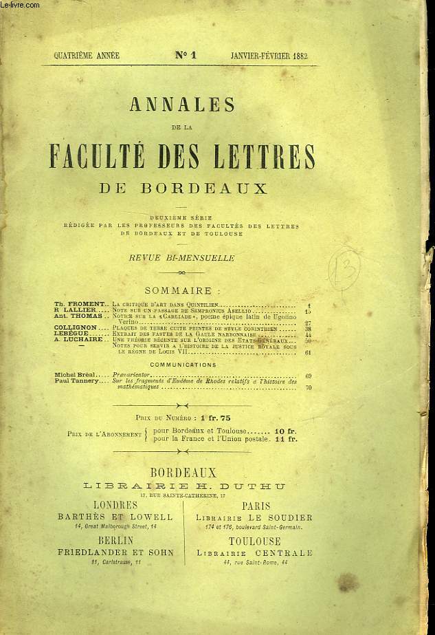 ANNALES DE LA FACULTES DES LETTRES DE BORDEAUX - 4 ANNEE - N1
