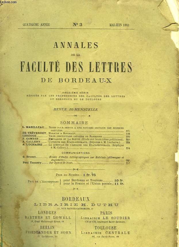 ANNALES DE LA FACULTE DE LETTRES DE BORDEAUX - 4 ANNEE - N3