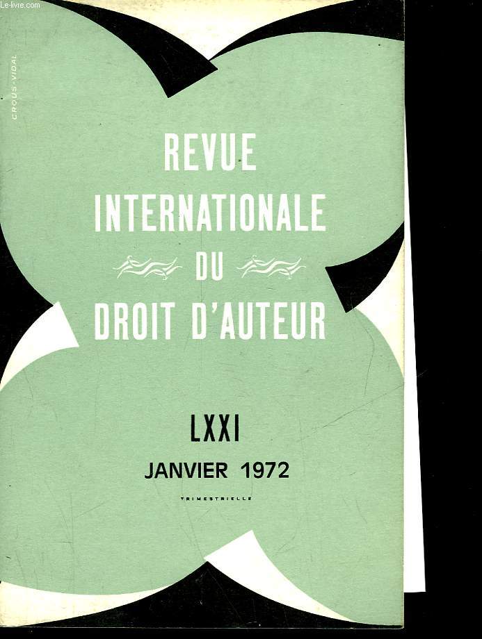 REVUE INTERNATIONALE DU DROIT D'AUTEUR - JANVIER