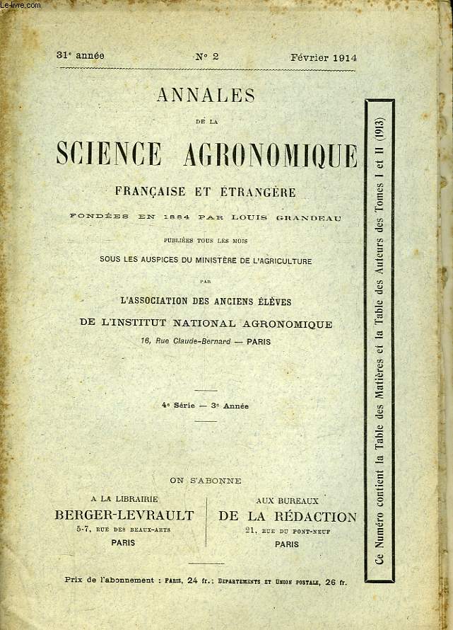 ANNALES DE LA SCIENCE AGRONOMIQUE FRANCAISE ET ETRANGERE FONDEE EN 1884 PAR LOUIS GRANDEAU - 31 ANNEE - N 2 - 4 SERIE 3 ANNEE