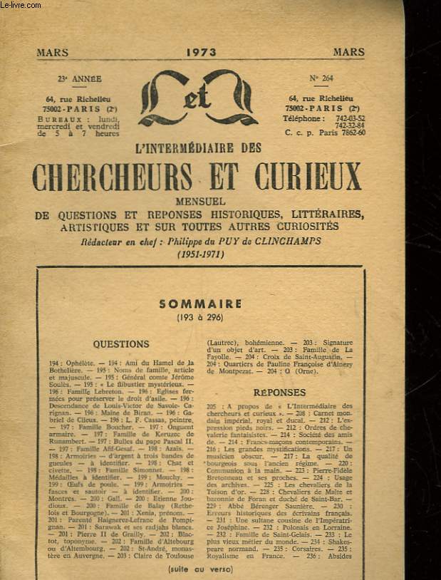 L'INTERMEDIAIRE DES CHERCHEURS ET CURIEUX - 23 ANNEE N264