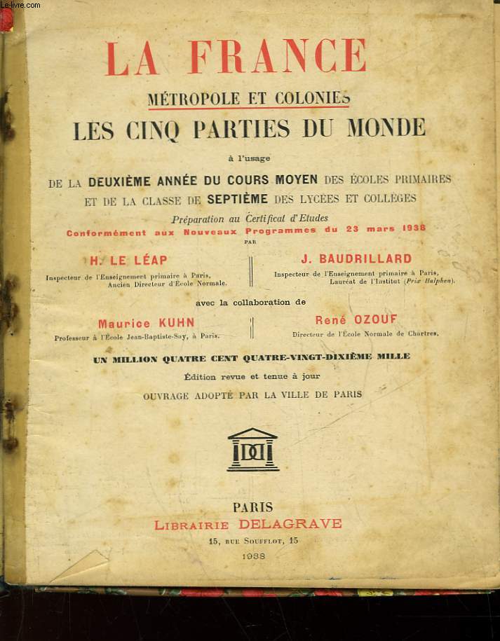 LA FRANCE METROPOLE ET COLONIES LES CINQ PARTIES DU MONDE