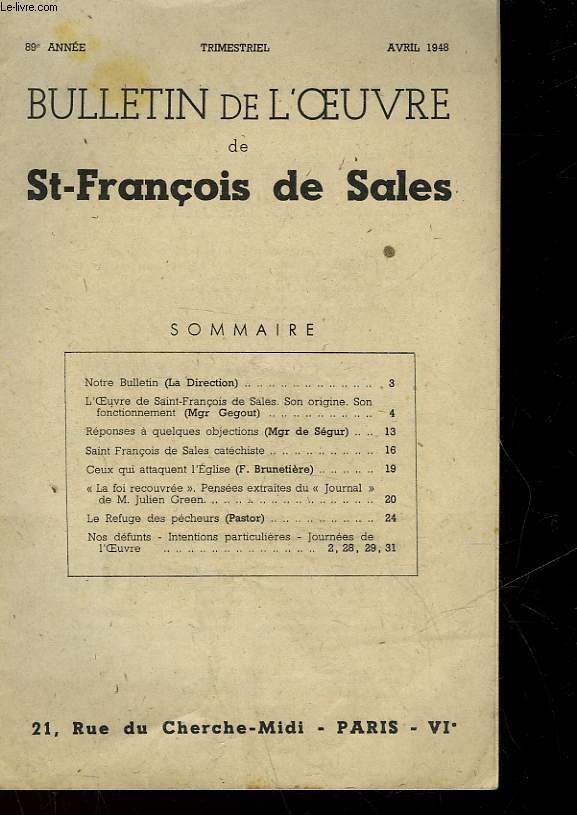 BULLETIN DE L'OEUVRE DE ST FRANCOIS DE SALES - 89 ANNEE