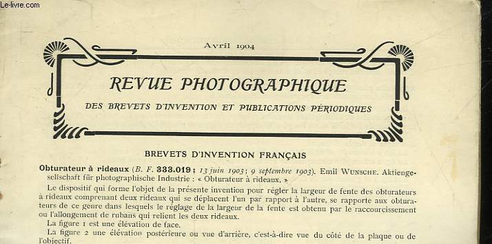 REVUE PHOTOGRAPHIQUE DES BREVETS D'INVENTION ET PUBLICATIONS PERIODIQUES