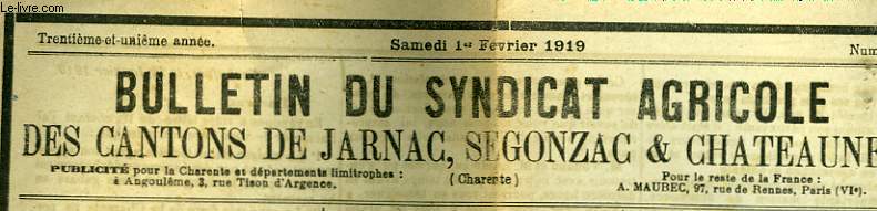 BUEELTIN DU SYNDICAT AGRICOLE DES CANTONS DE JARNAC, SEGONZAC & CHATEAUNEUR - 31 ANNEE - N2