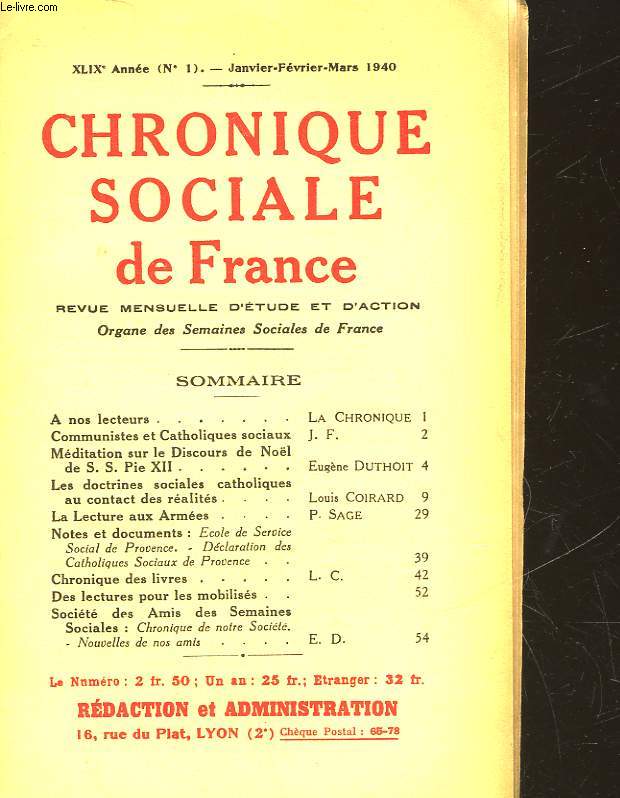 CHRONIQUES SOCIALES DE FRANCE - 49 ANNEE - N1