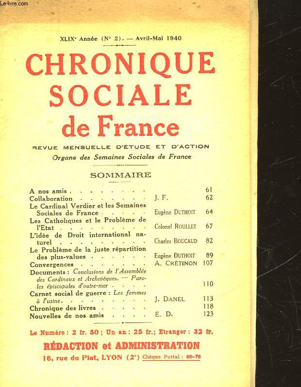 CHRONIQUES SOCIALES DE FRANCE - 49 ANNEE - N2