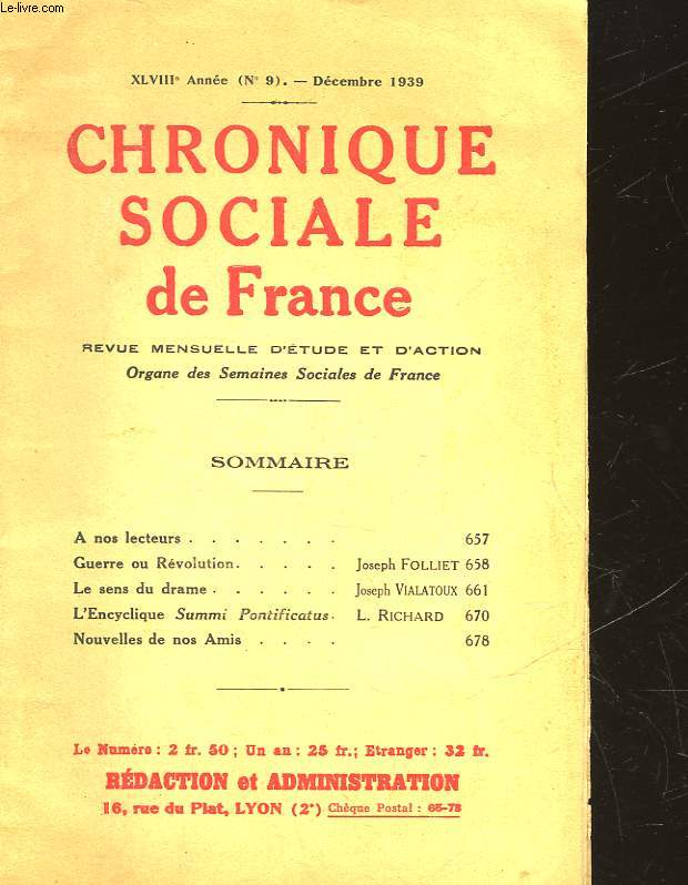 CHRONIQUES SOCIALES DE FRANCE - 48 ANNEE - N9