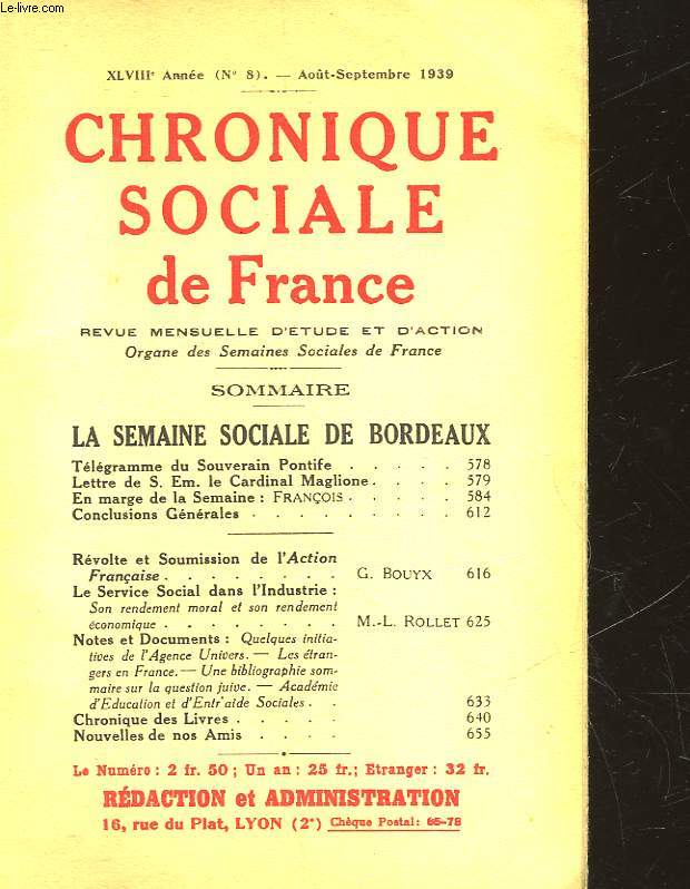 CHRONIQUES SOCIALES DE FRANCE - 48 ANNEE - N8