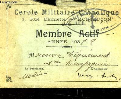 VIEUX PAPIER - CERCLE MILITAIRE CATHOLIQUE - MEMBRE ACTIF