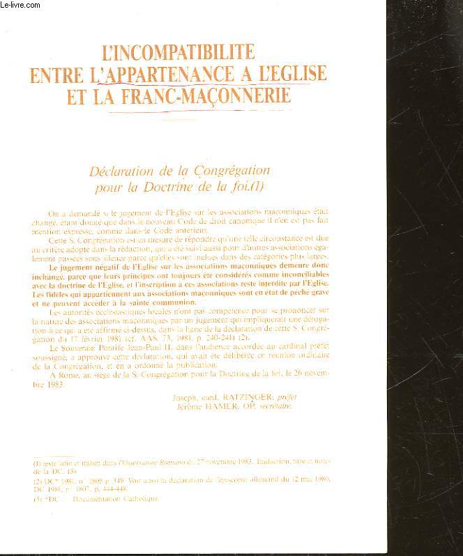 L'INCOMPATIBILITE ENTRE L'APPARTENANCE A L'EGLISE ET LA FRANC-MACONNERIE