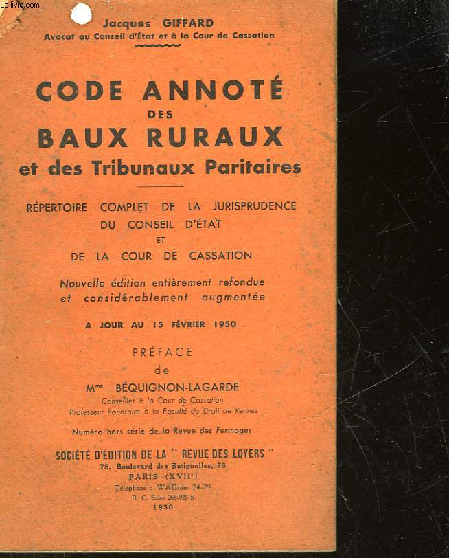 CODE ANNOTE DES BAUX RURAUX ET DES TRIBUNAUX PARITAIRES