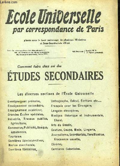ECOLES UNIVERSELLE PAR CORRESPONDANCE DE PARIS - ETUDES SECONDAIRES
