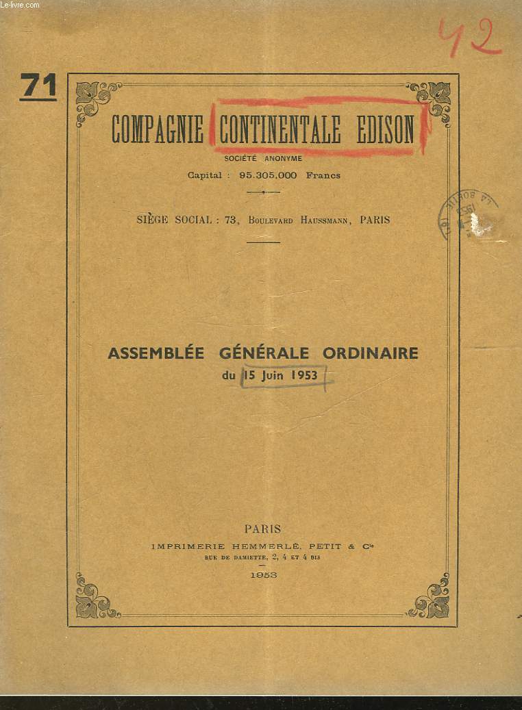COMPAGNIE CONTINENTALE EDISON - ASSEMBLEE GENERALE ORDINAIRE