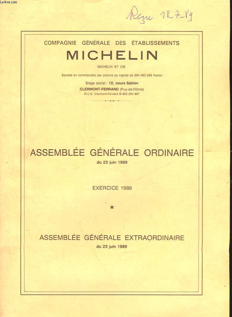 COMPAGNIE GENERALE DES ETABLISSEMENTS MICHELIN - ASSEMBLEE GENERALE ORDINAIRE