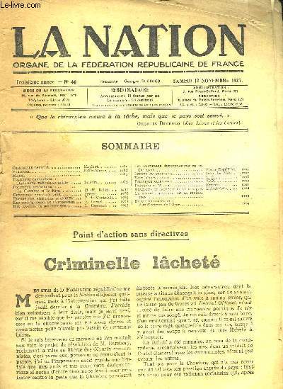 LA NATION - ORGANE DE LA FEDERATION REPUBLICAINE DE FRANCE - 3 ANNEE - N46