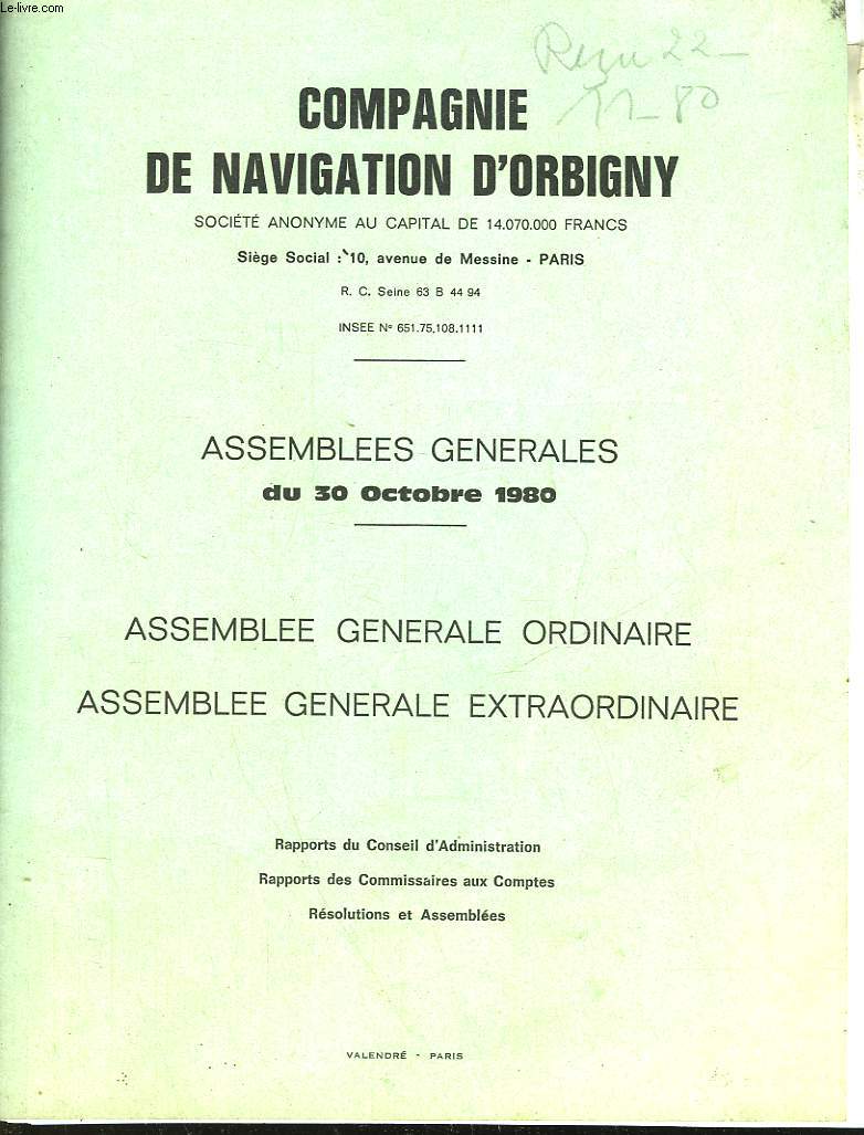 COMPAGNIE DE NAVIGATION D'ORBIGNY - ASSEMBLEES GENERALES DU 30 OCTOBRE 1980 -