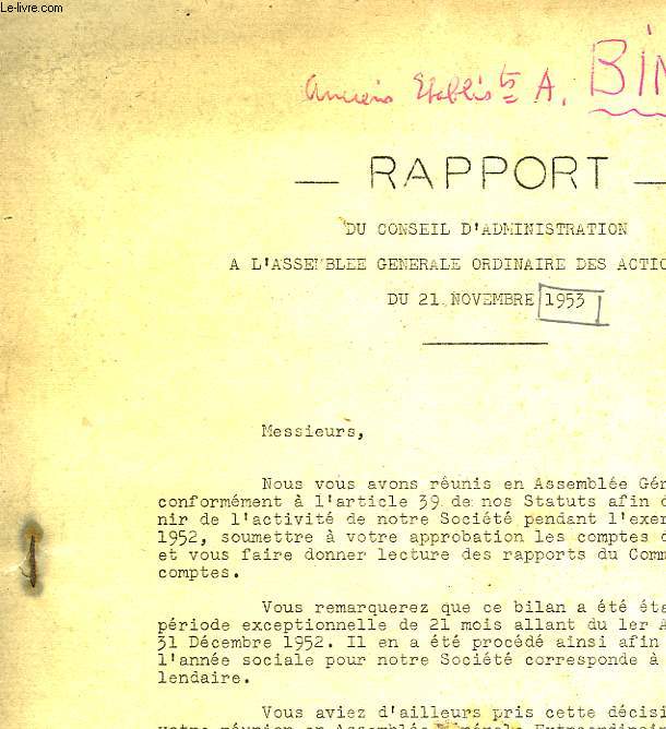 RAPPORT DU CONSEIL D'ADMINISTRATION A L'ASSEMBLEE GENERALE ORDINAIRE DES ACTIONNAIRES DU 21 NOVEMBRE 1953