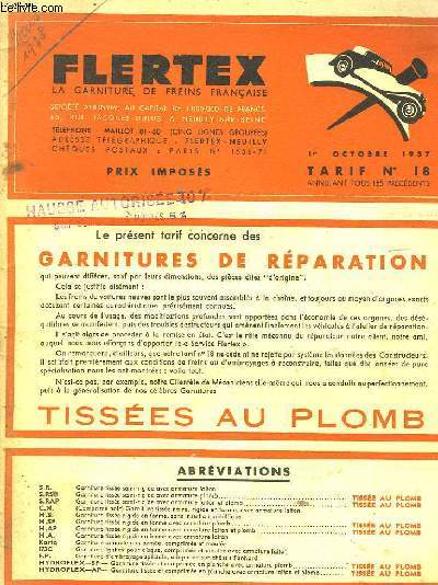 FLERTEX - LA GARNITURE DE FREINS FRANCAIS - TARIF N18