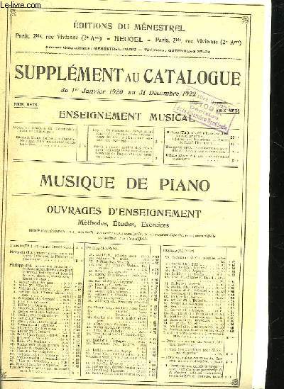 SUPPLEMENT AU CATALOGUE DU 1 JANVIER 1920 AU 31 DECEMBRE 1922