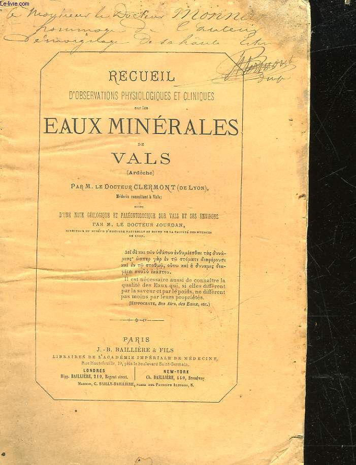 RECUEIL D'OBSERVATIONS PHYSIOLOGIQUES ET CLINIQUES SUR LES EAUX MINERALES DE VALS