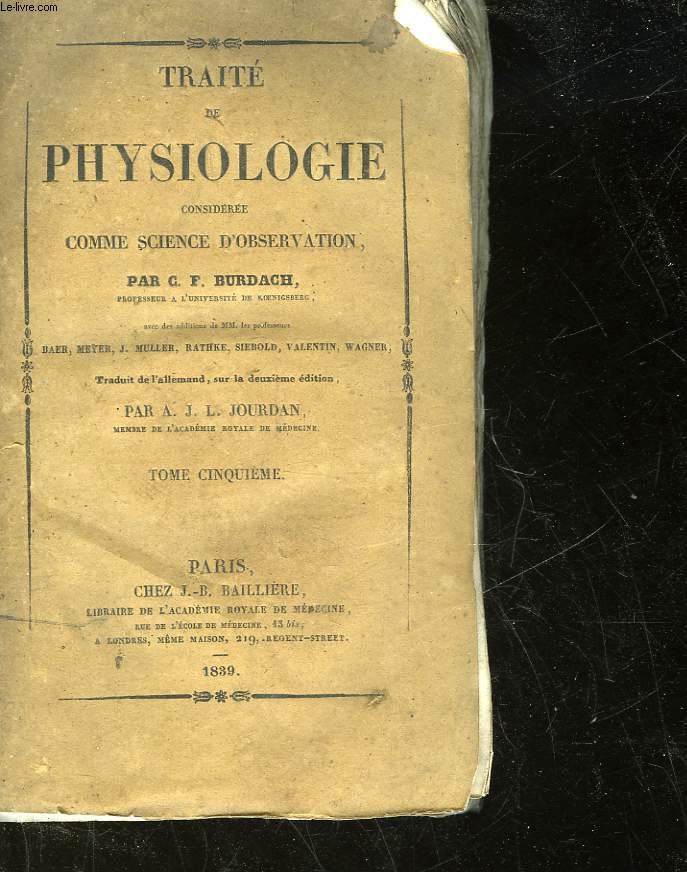 TRAITE DE PHYSIOLOGIE CONSIDEREE COMME SCIENCE D'OBERVATION - TOME 5