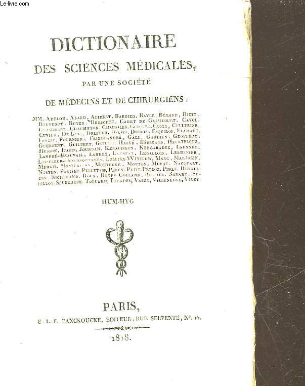 DICTIONNAIRE DES SCIENCES MEDICALES - TOME 22 - DE - HUMERUS - A - HYGIENE