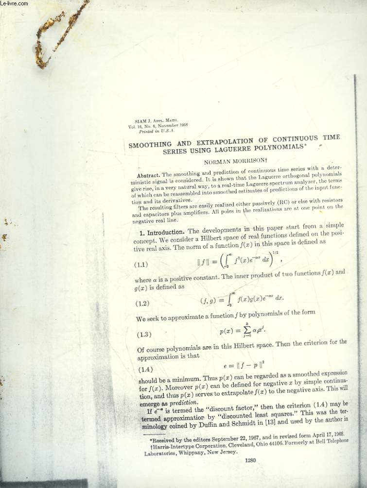 SMOOTHING AND EXTRAPOLATION OF CONTINOUS TIME SERIES USING LAGUERRE POLYNOMIALS - VOL 16 - N6