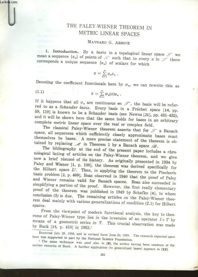 THE PALRY-WEINER THEOREM IN METRIC LINEAR SPACES