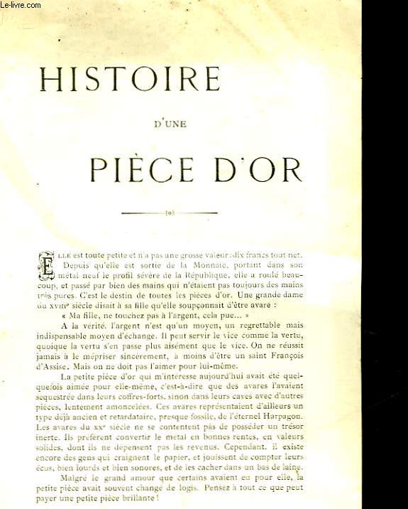 HISTORE D'UNE PIECE D'OR