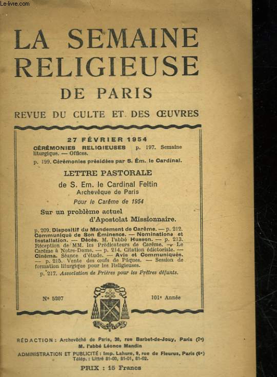 LA SEMAINE RELIGIEUSE DE PARIS - REVUE DU CULTE ET DES OEUVRES - N5207 - 101 ANNEE