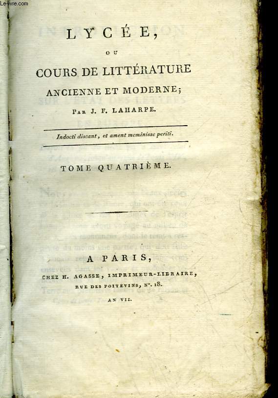 LYCEE OU COURS DE LITTERATURE ANCIENNE ET MODERNE - TOME 4