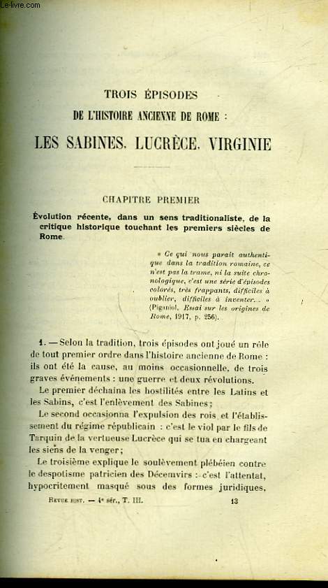 TROIS EPISODES DE L'HISTOIRE DE ROME : LES SABINES, LUCRECE, VIRGINIE (A SUIVRE) - SUIVI DE - NOMINATION DU COMTE A L'EPOQUE MEROVINGIENNE ET LA NOVELLE 149 DE JUSTIN 1.