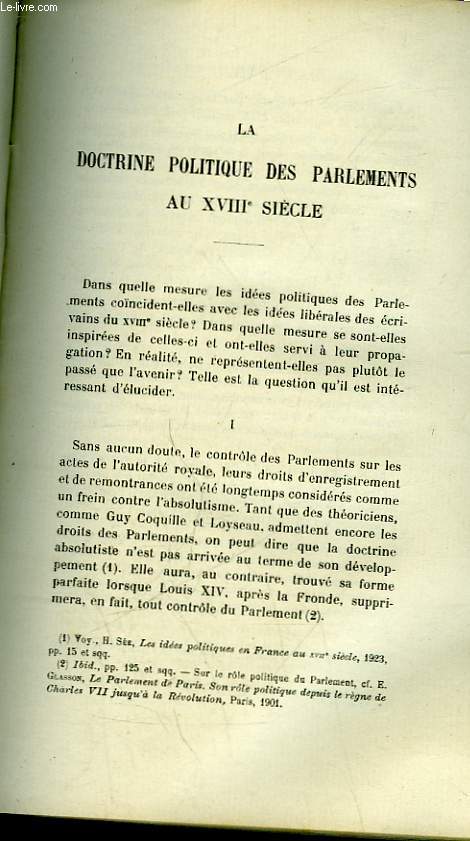 LA DOCTRINE POLITIQUE DES PARLEMENTS AU 18 SIECLE