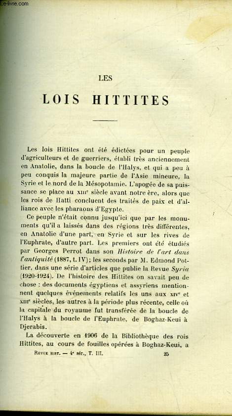 LES LOIS HITTITES - SUIVI DE - LA FAILLITE DES AMMANATI DE PISTOIE ET LE SAINT-SIEGE (DEBUT DU 14 SIECLE)