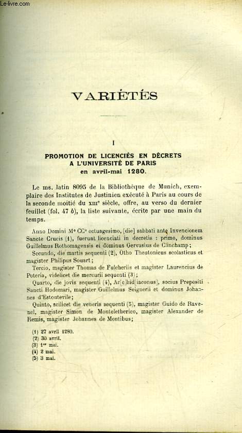 VARIETES : PROMOTION DE LICENCIES EN DECRETS A L'UNIVERSITE DE PARIS - EN AVRIL-MAI 1280
