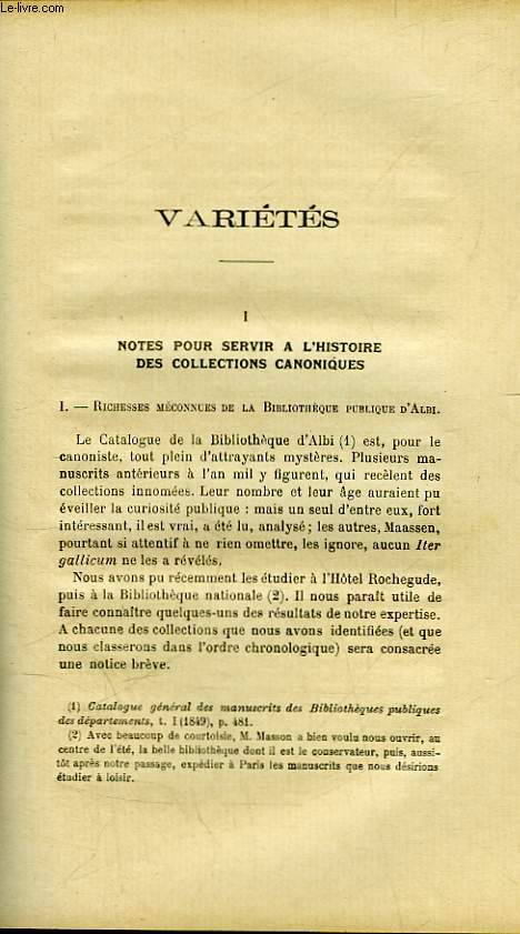 NOTES POUR SERVIR A L'HISTOIRE DES COLLECTION CANONIQUES