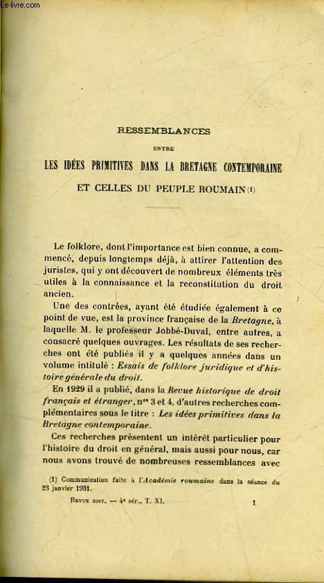 RESSEMBLANCES ENTRE LES IDEES PRIMITIVES DANS LA BETAGNE CONTEMPORAINE ET CELLES DU PEUPLE ROUMAIN