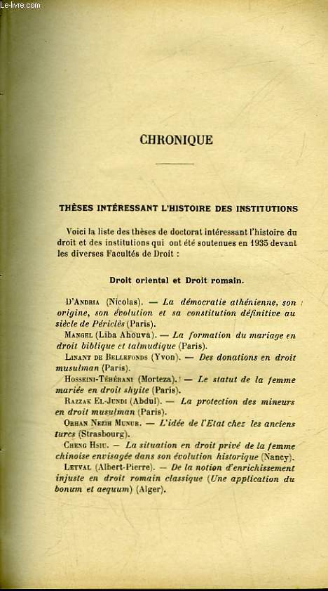 CHRONIQUE - THESES INTERESSANT L'HISTOIRE DES INSTITUTIONS - SOCIETE D'HISTOIRE DU DROIT