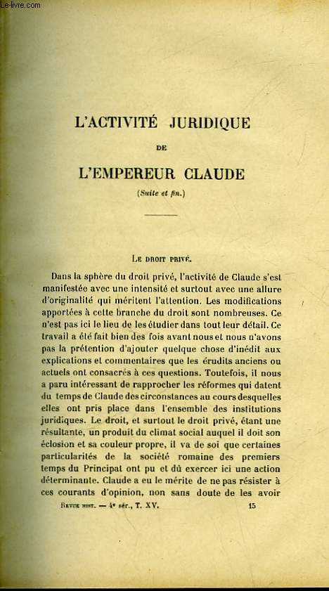 L'ACTIVITE JURIDIQUE DE L'EMPEREUR CLAUDE (SUITE ET FIN)