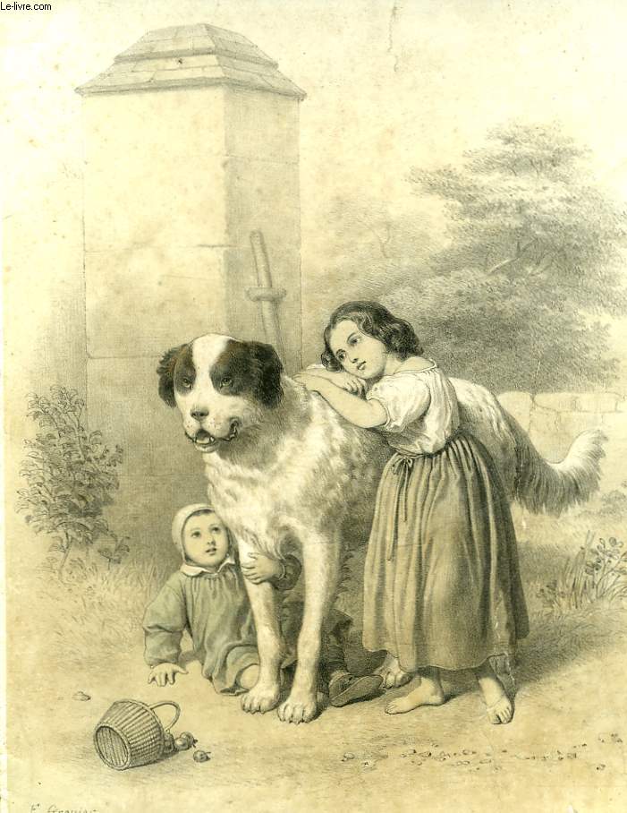 1 GRAVURE EN NOIR ET BLANC - ENFANTS CHIENS