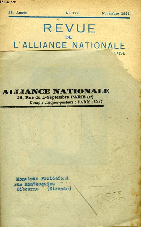 REVUE DE L'ALLIANCE NATIONALE - 27 ANNEE - N172