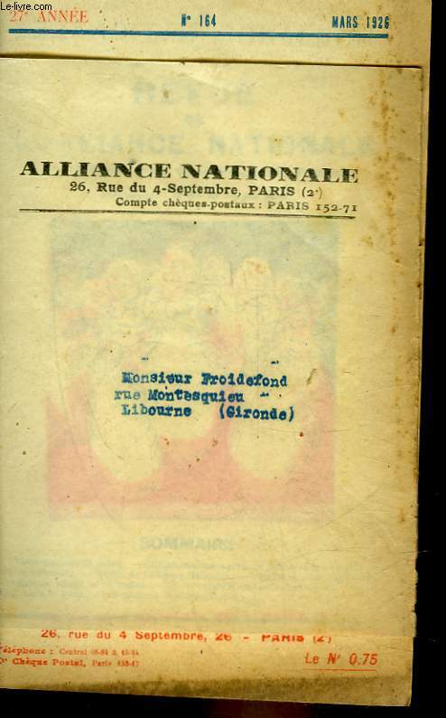 REVUE DE L'ALLIANCE NATIONALE - 27 ANNEE - N164
