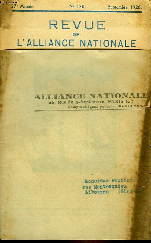 REVUE DE L'ALLIANCE NATIONALE - 27 ANNEE - N170
